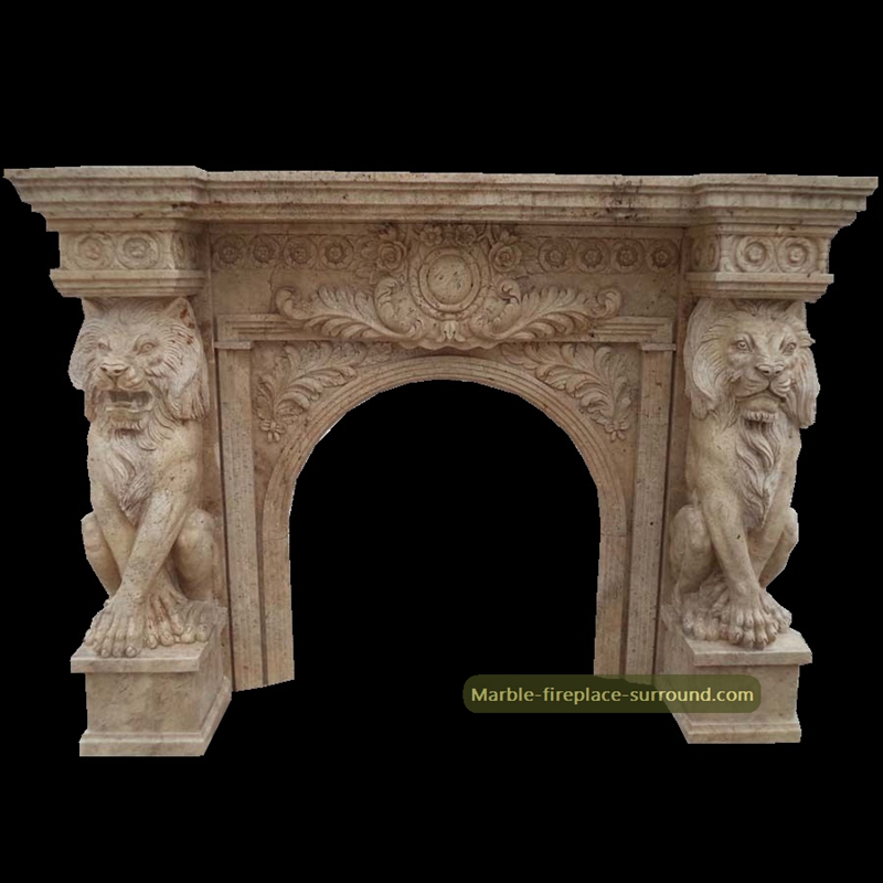 travertine fireplace with lion column