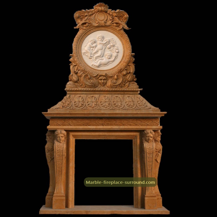 large fireplace mantel with relief